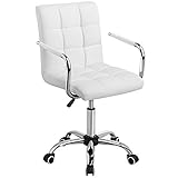 Yaheetech White Desk Chairs with Wheels/Armrests Modern PU Leather Office Chair Midback Adjustable Home Computer Executive Chair 360° Swivel