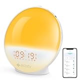Reloj despertador de salida del sol para durmientes pesados, luz de despertador inteligente con simulación de salida del sol/puesta del sol, control de aplicación y voz, 10 sonidos naturales y radio FM, 4 alarmas y repetición, 7 colores luz nocturna para dormitorios