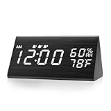 TooTa Reloj Digital, 3 ajustes de alarma, con pantalla de madera electrónica LED de tiempo, detección de temperatura y humedad dual, baterías no necesarias, color negro