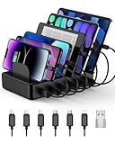 CREATIVE DESIGN 50W 6 Ports Multi Charger Station with 6 Charging Cables, USB Charging Dock for Multiple Devices, Compatible with Cellphone iPad Kindle Tablet and Other Electronic Devices