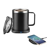 Ensemble de chauffe-tasses à café en acier inoxydable de 355 ml avec double isolation sous vide, tapis de chargement sans fil à induction de 15 W, pour la maison, le bureau, réchauffe le café, le thé, le cacao et le lait (jusqu'à 55 °C)