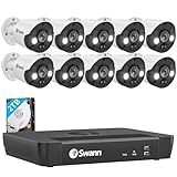 Swann Système de caméra de sécurité Domestique, 16 canaux, 10 caméras POE NVR 4K Ultra HD, vidéosurveillance Filaire intérieur/extérieur, Reconnaissance faciale, Vision Nocturne, lumières à détecteur