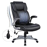 COLAMY High Back Executive Office Chair- Ergonomic Home Computer Desk Leather Chair with Padded Flip-up Arms, Adjustable Tilt Lock, Swivel Rolling Chair for Adult Working Study-Black
