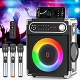 HWWR FanFun Máquina de karaoke con 3 micrófonos inalámbricos UHF para adultos, altavoz Bluetooth portátil, altavoz de fiesta con luces de discoteca para exteriores, sistema PA altavoz de karaoke