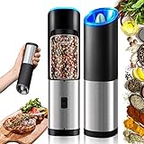 Rocyis Lot de 2 moulins à poivre et sel électriques automatiques à gravité - Alimenté par piles avec lumière LED - Grossité réglable - Gadgets de cuisine intelligents à une main - Acier inoxydable