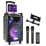 Moukey Altavoz de Karaoke con 2 micrófonos inalámbricos, Karaoke Completo con Ajuste de Graves/Agudos, Altavoz de Sonido Bluetooth portátil Profesional con Luces de DJ, Compatible con