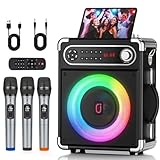 HWWR FanFun Máquina de karaoke con 3 micrófonos inalámbricos UHF para adultos, altavoz Bluetooth portátil, altavoz de fiesta con luces de discoteca para exteriores, sistema PA altavoz de karaoke
