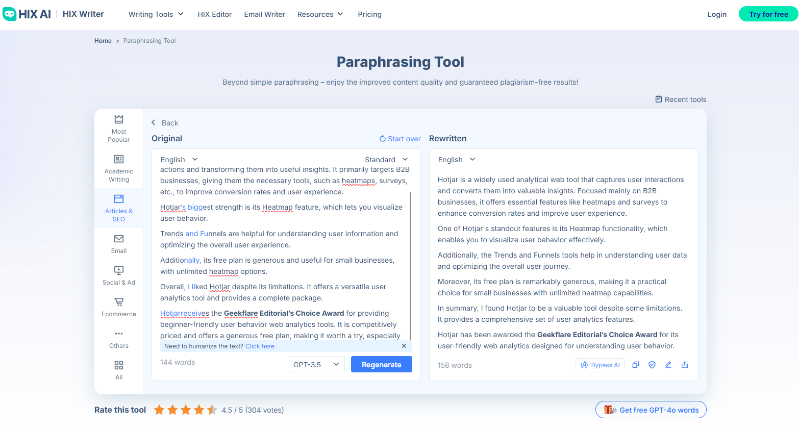 Hix ai paraprasing tool