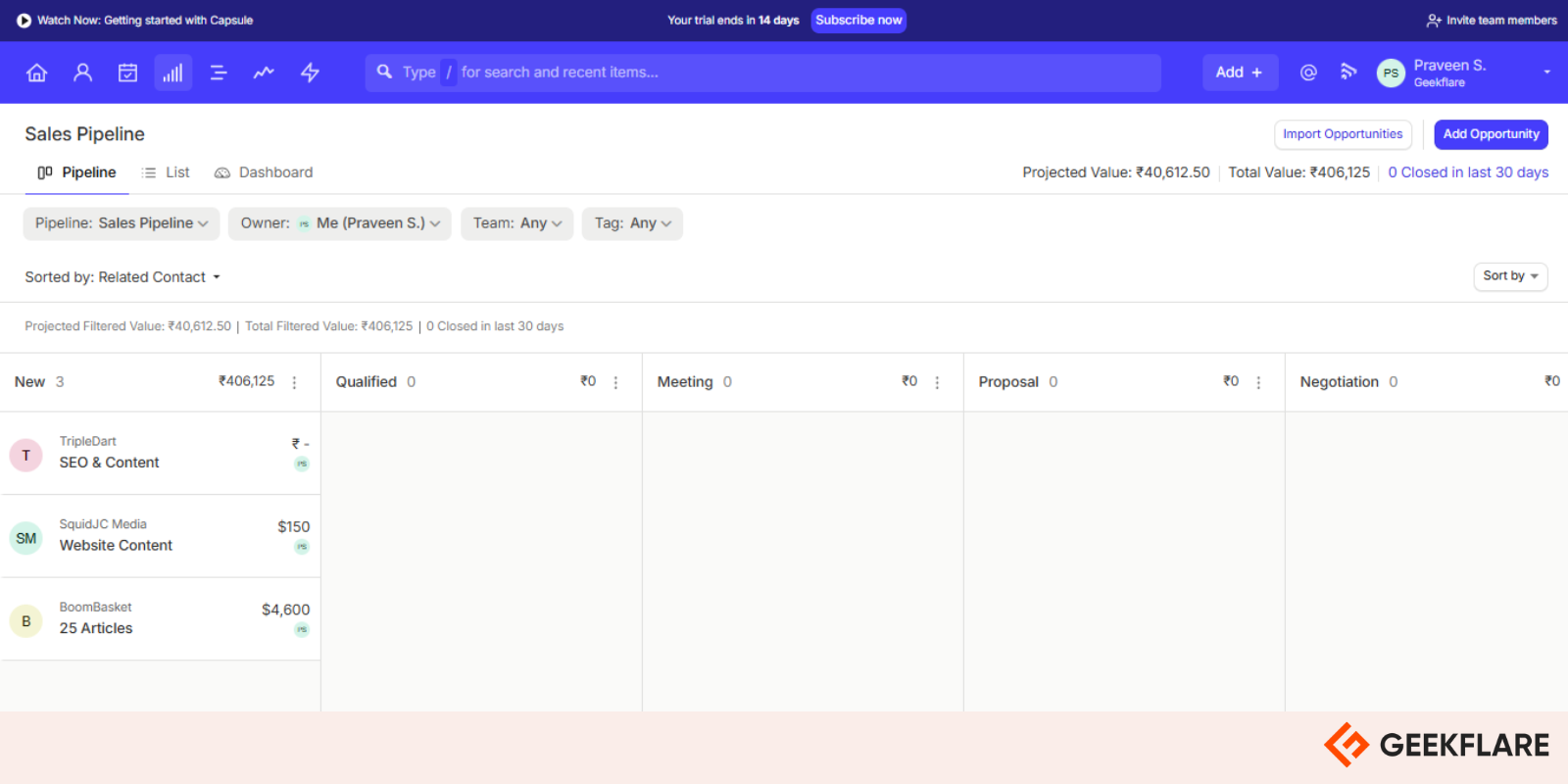 Capsule CRM Sales Pipeline