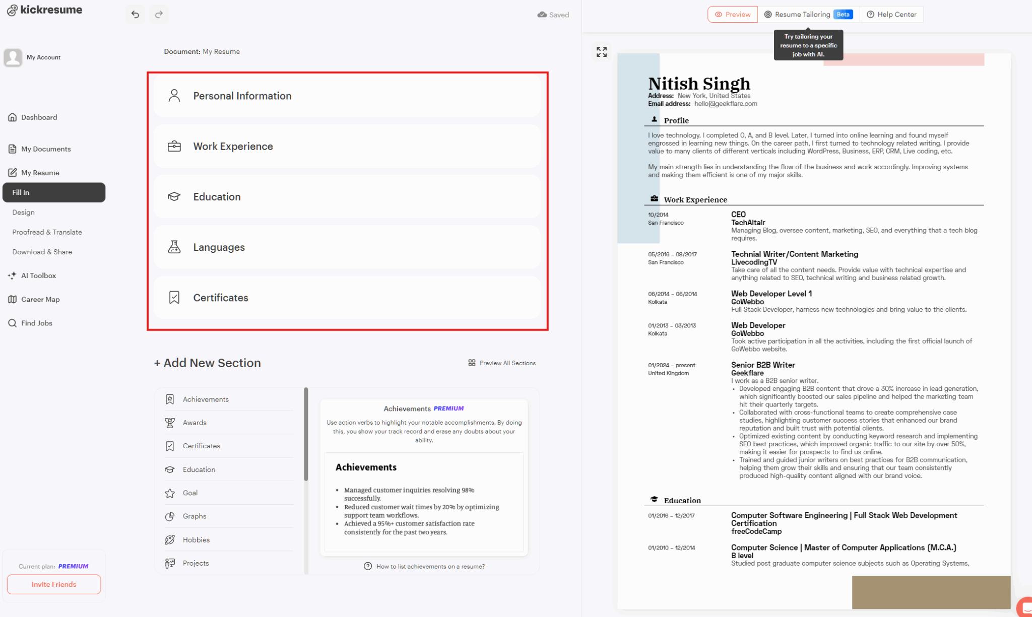 Kickresume fill in page