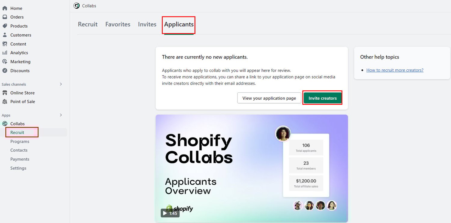 Einladen von Erstellern zur Anmeldung bei Shopify Collabs