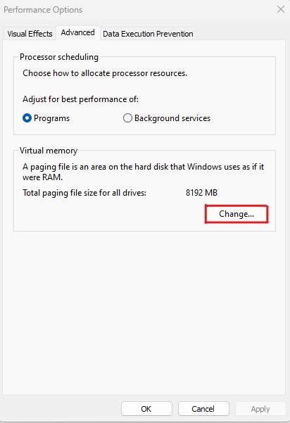 Sélectionner l'option Changer la mémoire virtuelle