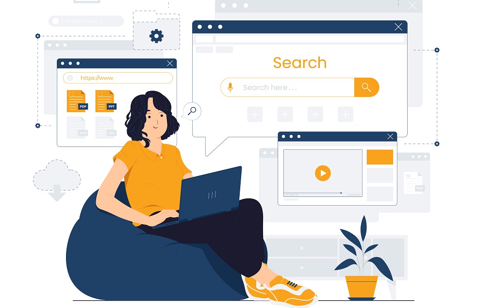 Moteur de recherche, navigateur web en ligne, barres, optimisation seo, et concept analytique seo illustration