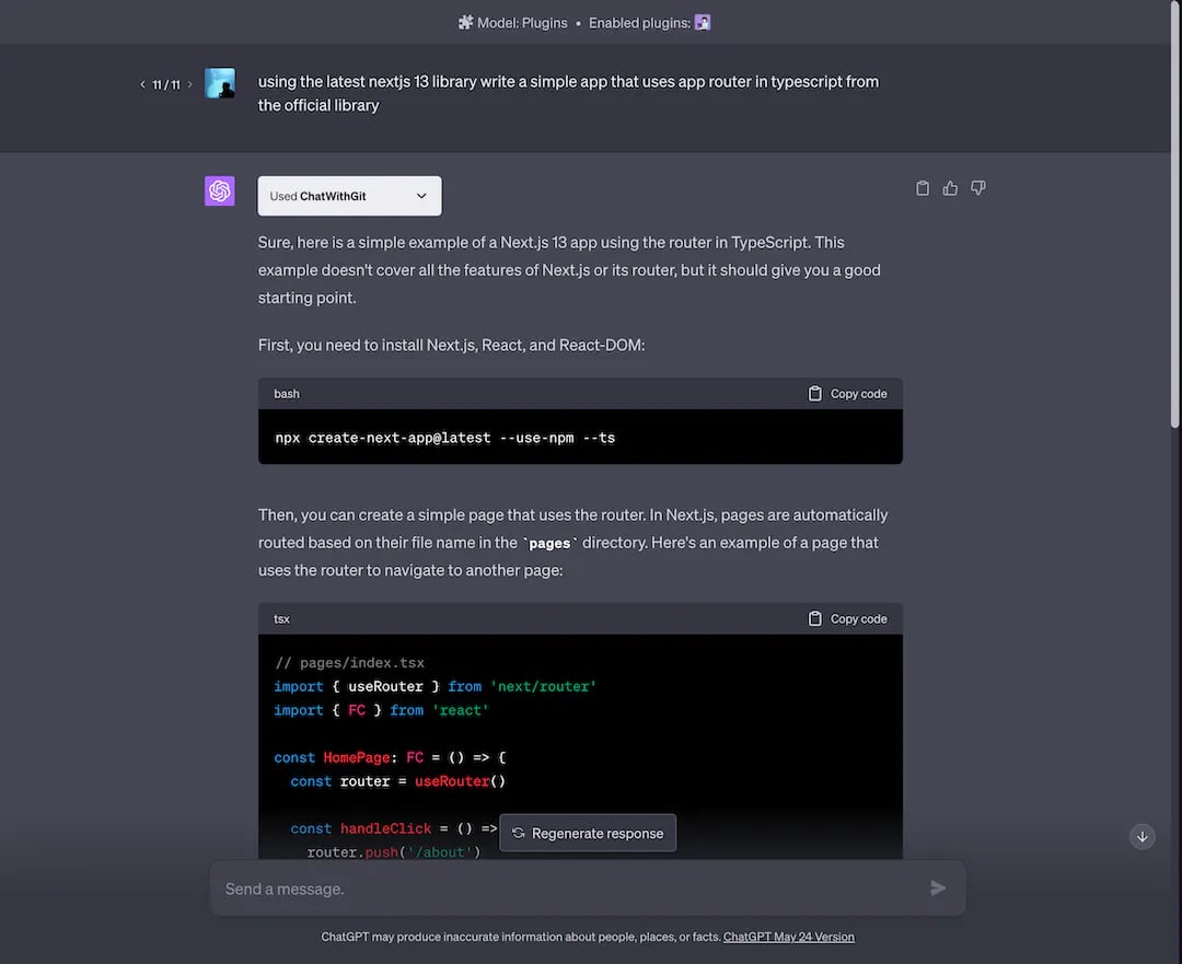 Une capture d'écran d'une page web montrant l'exemple de ChatWithGit.