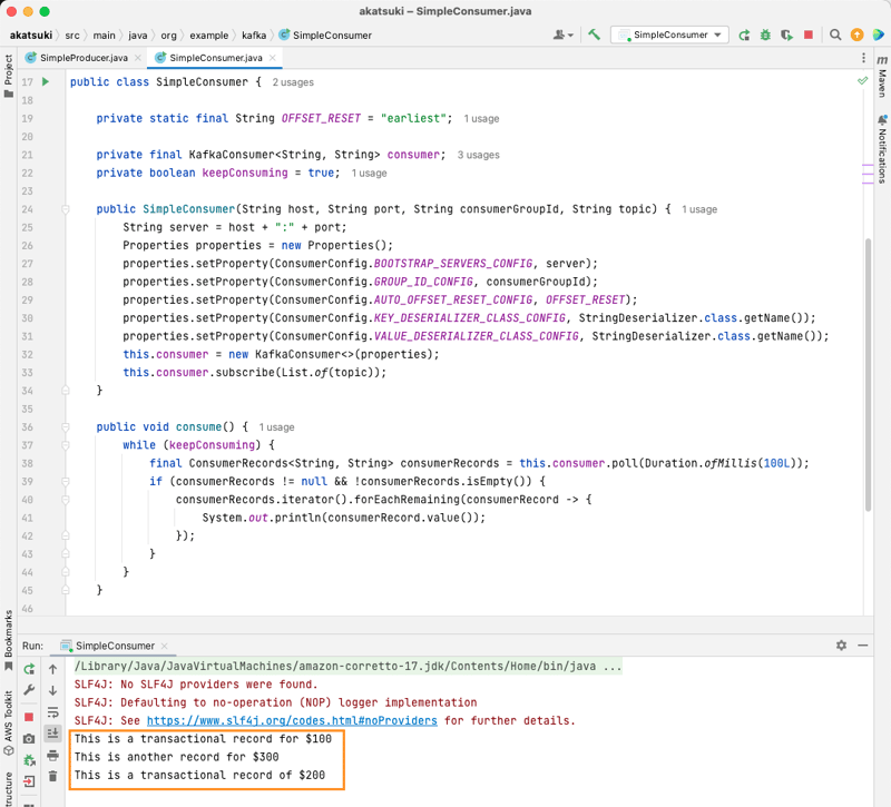 Screen capture of Java IDE showing the code and output of Kafka Consumer