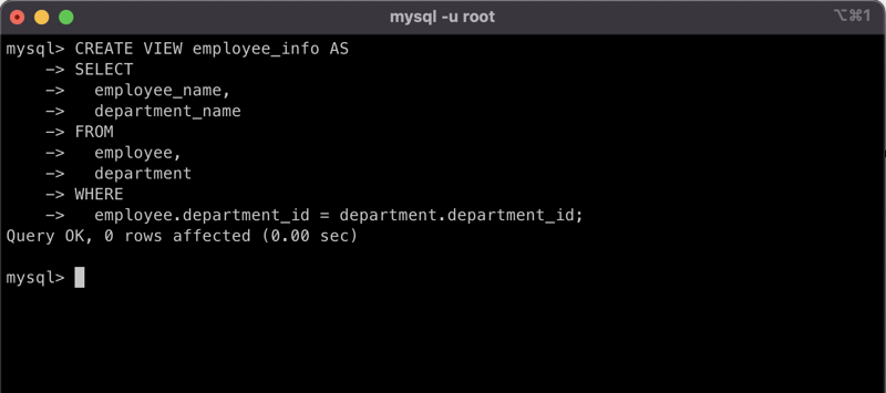 Ligne de commande MySQL montrant la commande CREATE VIEW.