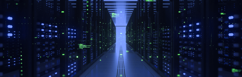 An image of a data repository with blue lights.