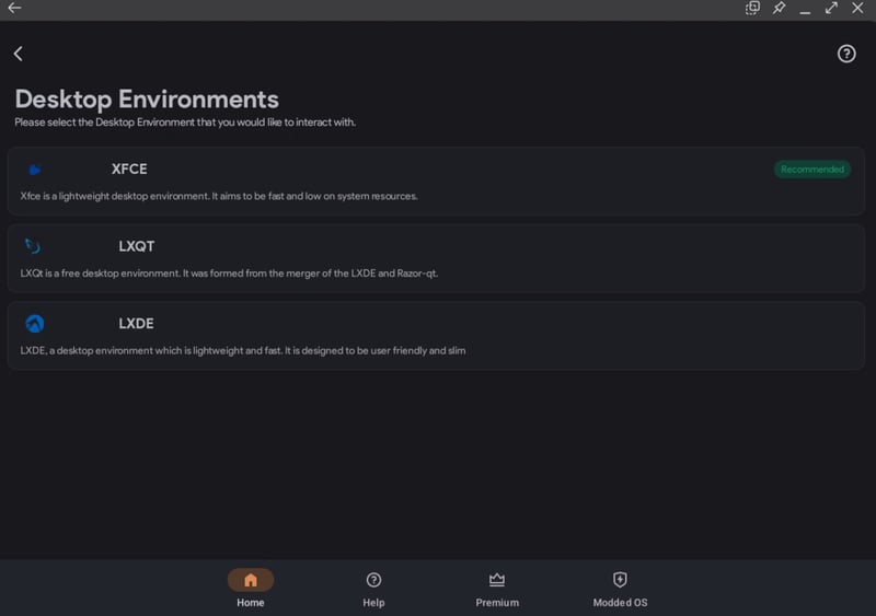 Una captura de pantalla de la configuración del entorno de escritorio.