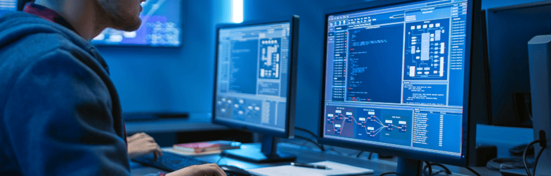 A man is using a database IDE in a dark room.