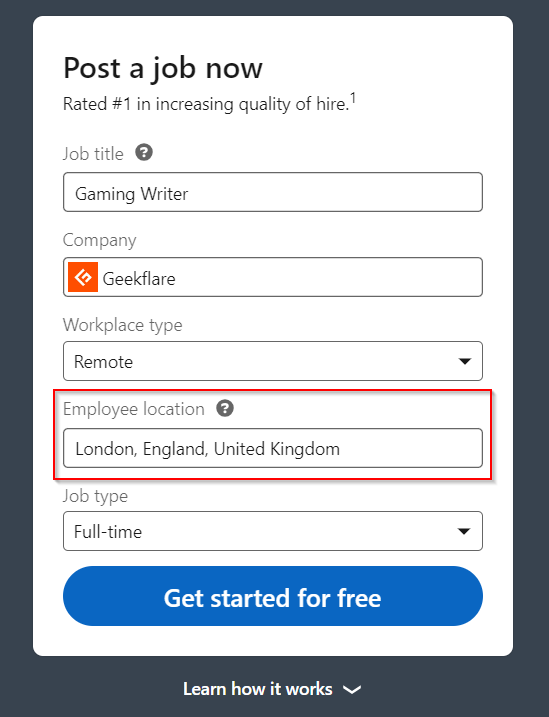 The post a job now page for a job in london england.