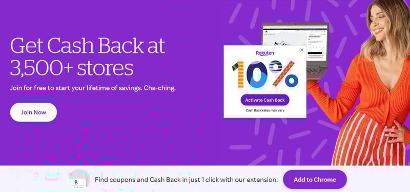 Plataforma de cupones y devoluciones Rakuten que ofrece devoluciones en 3000 tiendas.