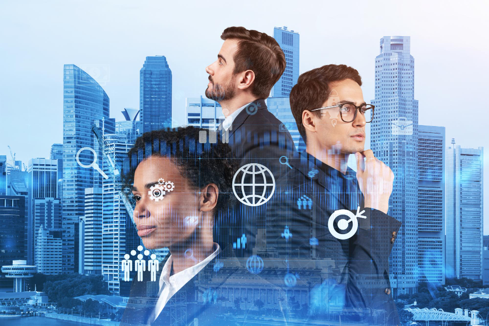 A group of business people in front of a cityscape.