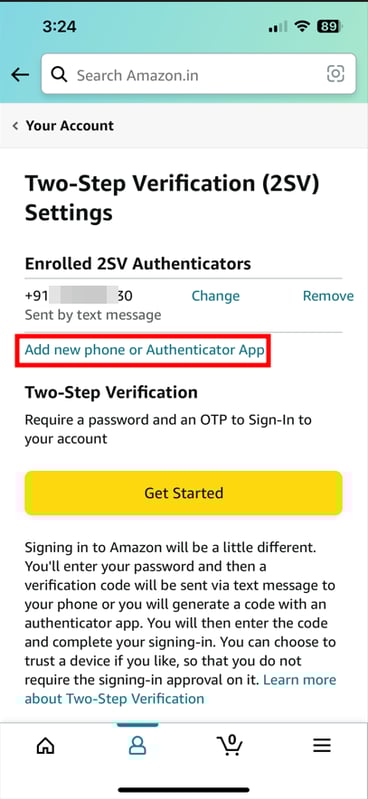 A screenshot of amazon's two step verification svvs.