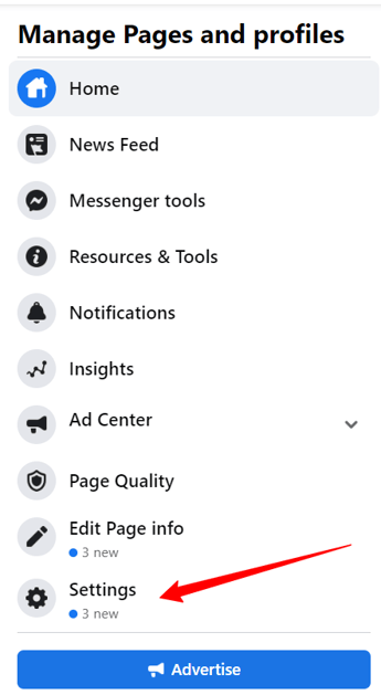 settings option on Facebook page